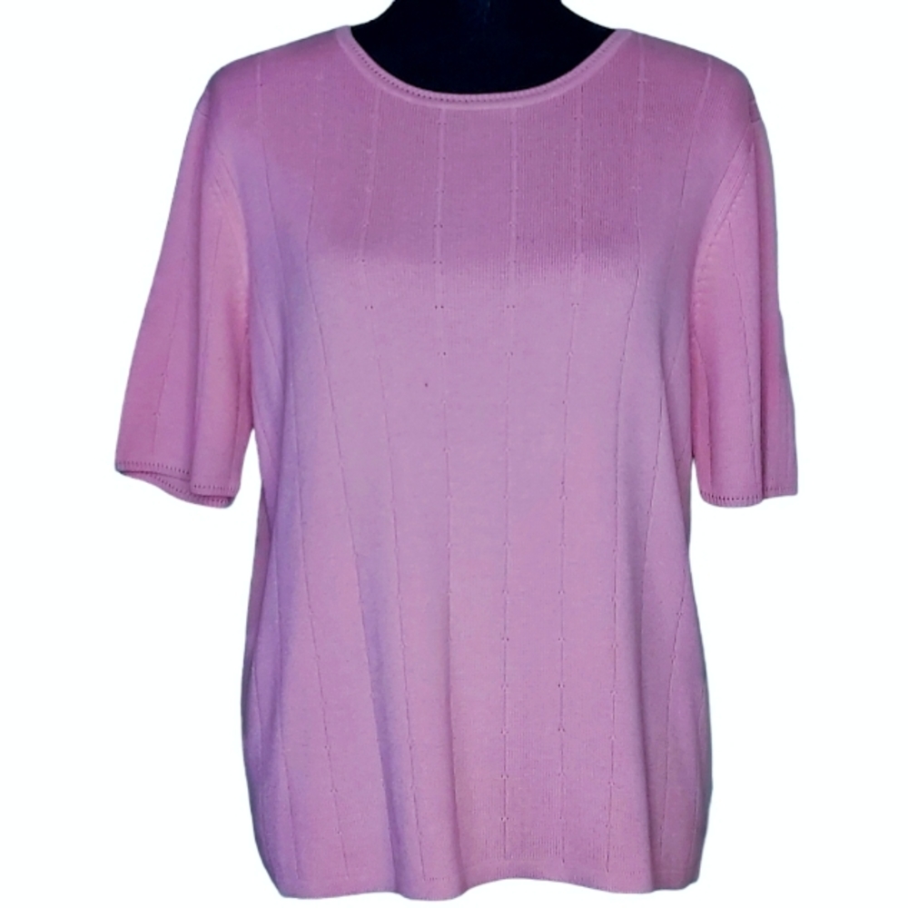 VTG Laura Scott L Petal Pink Short Sleeve Soft Girl Preppy Old Money Sweater